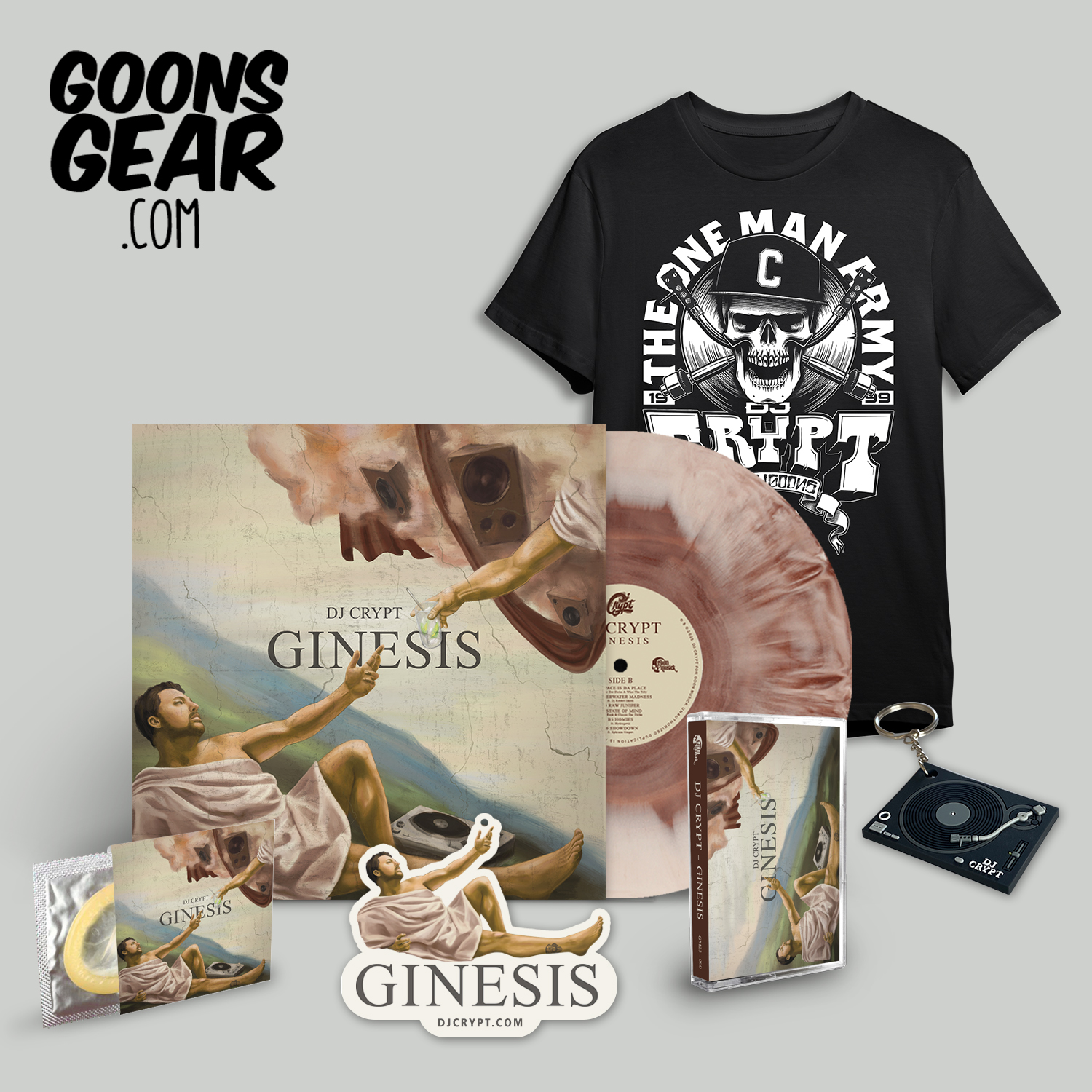 DJCrypt bundle tshirt vinyl tape keychain carfresher condom goonsgear