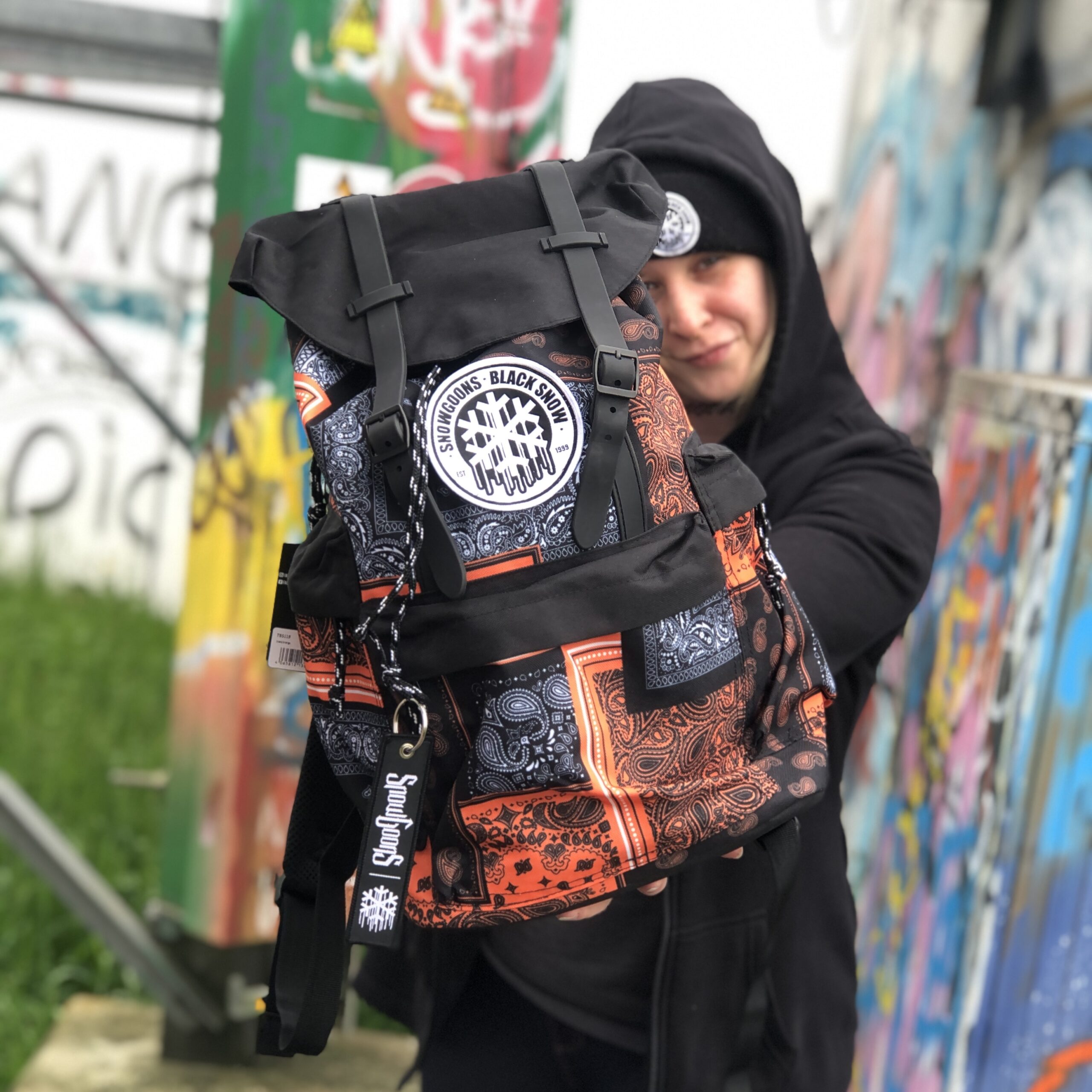 Paisley backpack snowgoons snowflake blacksnow orange jnration goonsgear